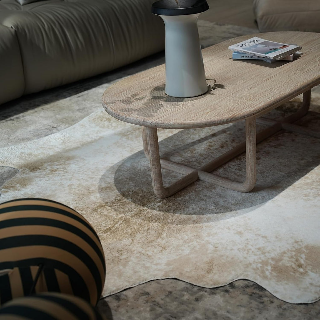 Large Faux Cowhide Rug Beige Brown Animal Print Shaggy Area Rug with Suede Backing, Non-Slip, Machine Washable