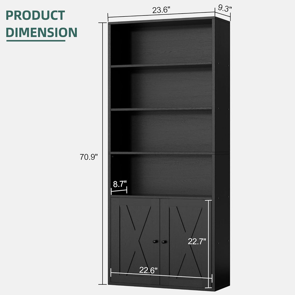 Bookshelf, Industrial Bookshelves and Bookcases with Doors Floor Standing 6 Shelf Display Storage Shelves 70.9 inches