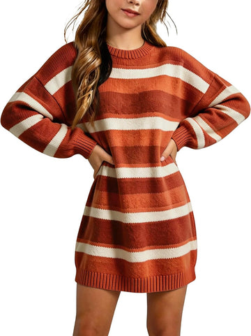 Striped Sweater Dress Crew Neck Long Sleeve Warm Pullover Casual Loose Cute Trendy Fall Winter Mini Dresses