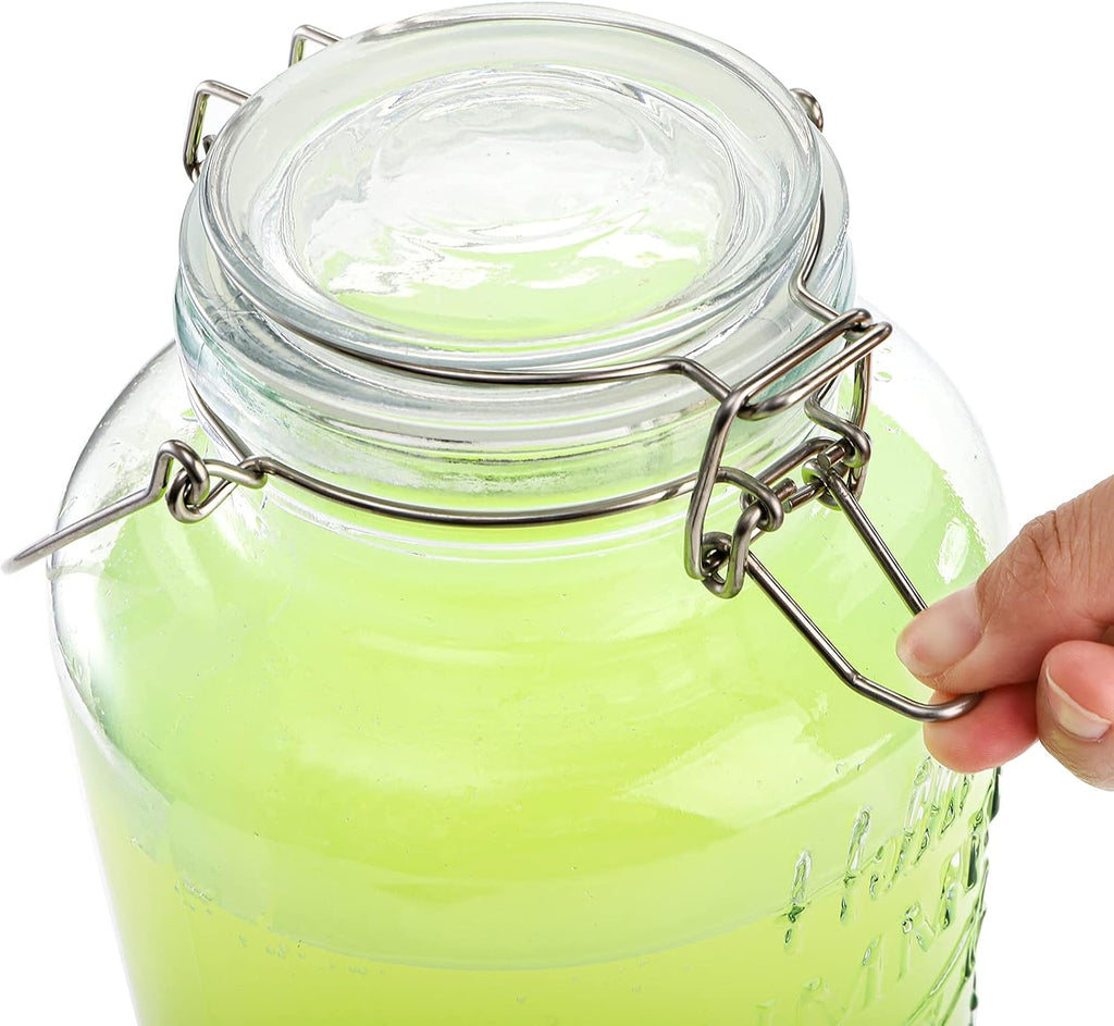 With Spigot, Cold Drink Ice Tea Dispenser with Trigger Clamp Locking Lid, Glass Mason Jar Lemonade Liquid Pitcher