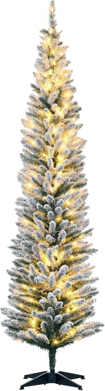 Pencil Christmas Tree 7' Tall Pre-Lit Slim Noble Fir Green | Artificial, 210 Warm White LED Lights, 499 Tips, for