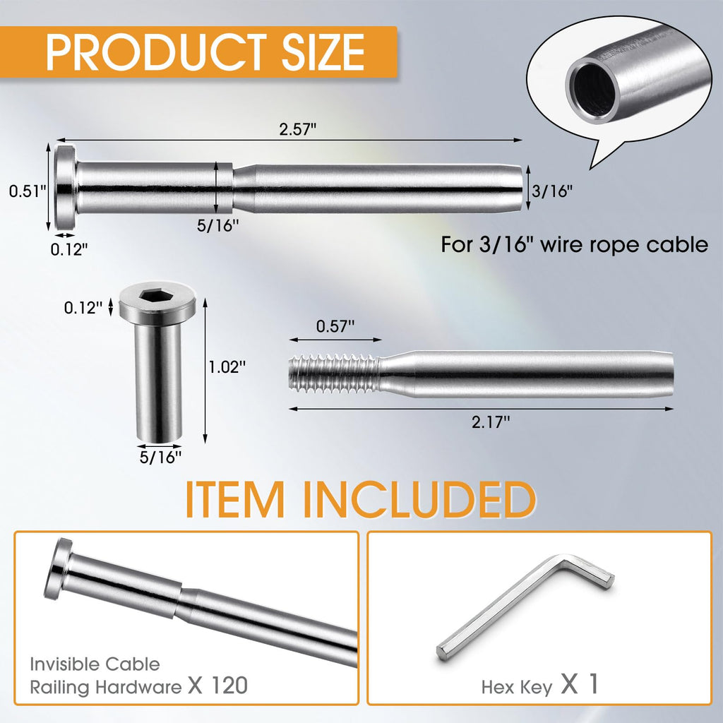 120 Pack 3/16" Stainless Steel Cable Railing Hardware Kit, Silver