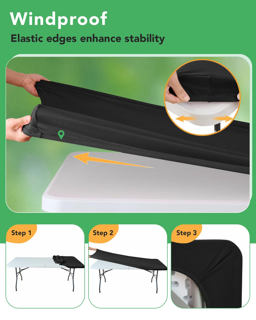 Fitted Tablecloth Rectangle Table Cloths with Elastic, 8 ft, Black, 6 Pack