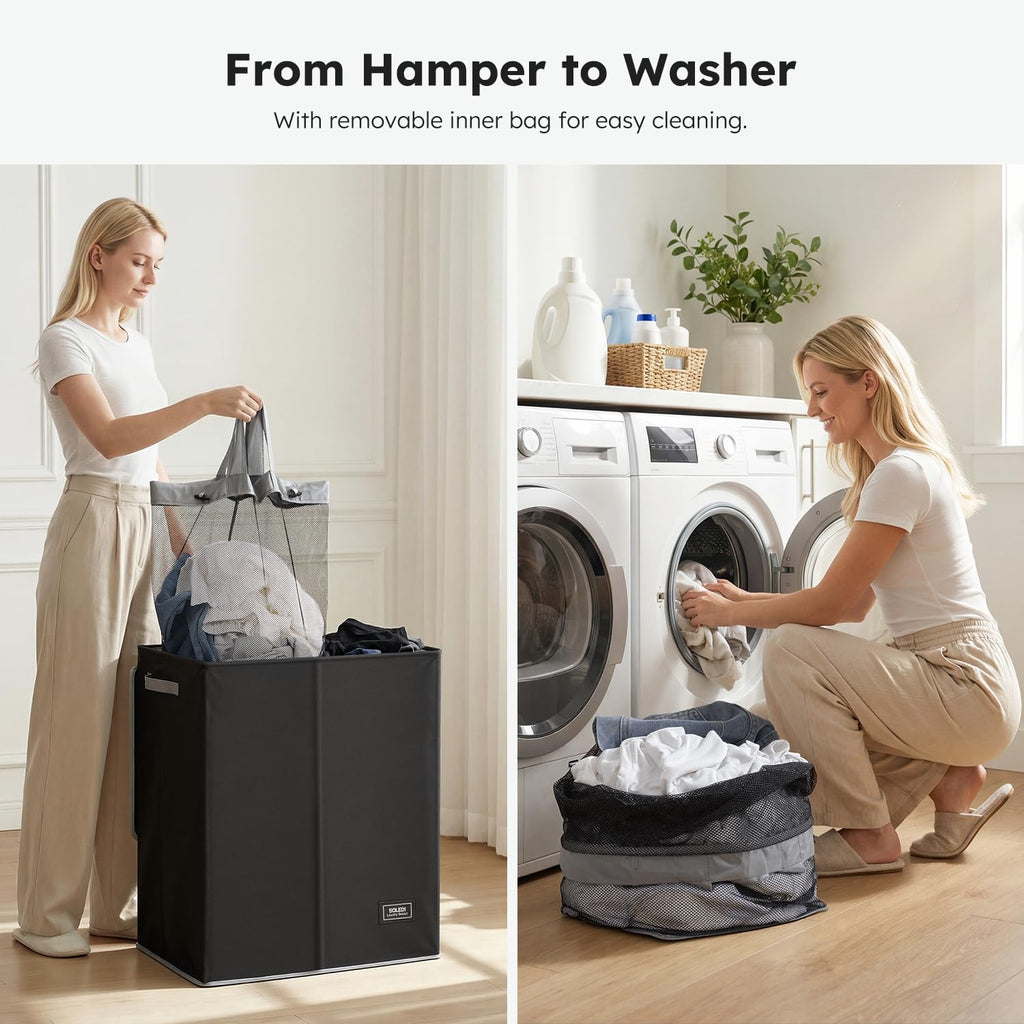 Double Laundry Hamper with Lid and Removable Laundry Bags,Divided Laundry Bin - Large Clothes Hamper 2 Section