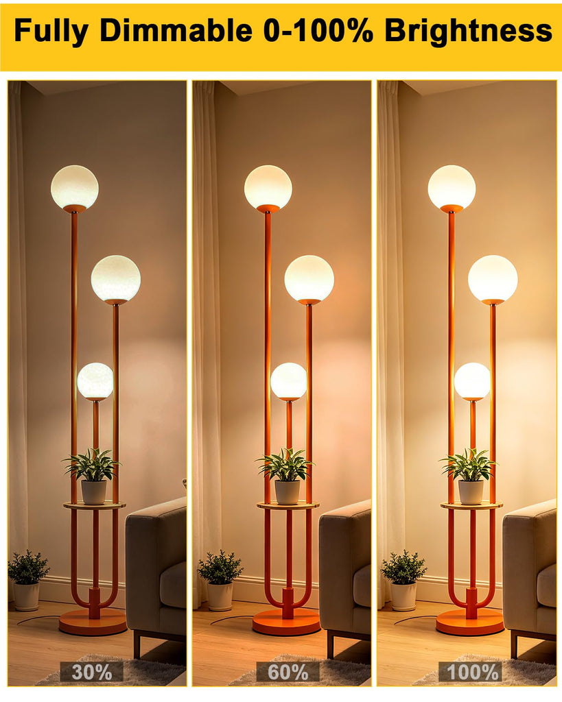 Dimmable 3-Light Globe Floor Lamp with Storage Shelf, Orange Mid Century Modern Standing Lamp, 3PCS 3000K Warm White