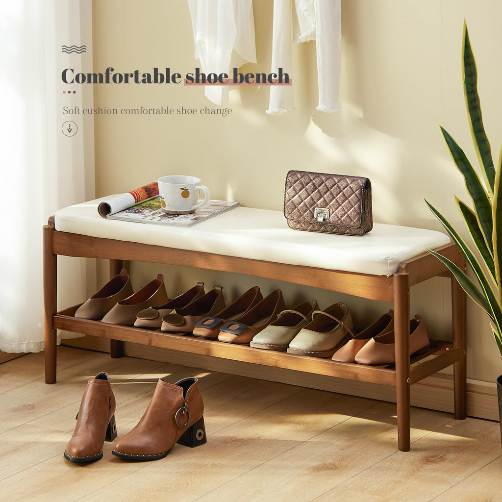 Shoe Rack Bench Entryway Bamboo Shoe Storage Bench with Leather Cushion 2 Tiers Shoe Rack Entryway Bench (Beige Bench