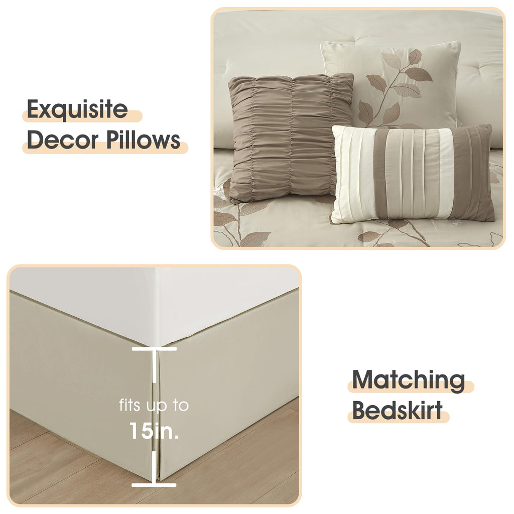 Beige Queen Comforter Set, 7 Pieces Bed in a Bag, Elegant Floral Leaves Embroidery, Soft and Lightweight All Seasons