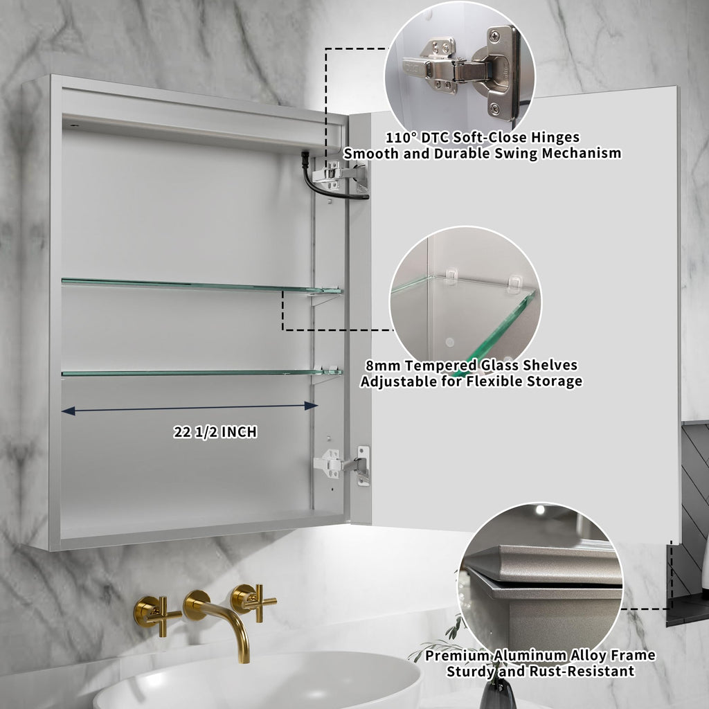24x30 Inch Lighted Medicine Cabinet, Recessed or Surface LED Medicine Cabinet with Adjustable Shelves, Anti-Fog