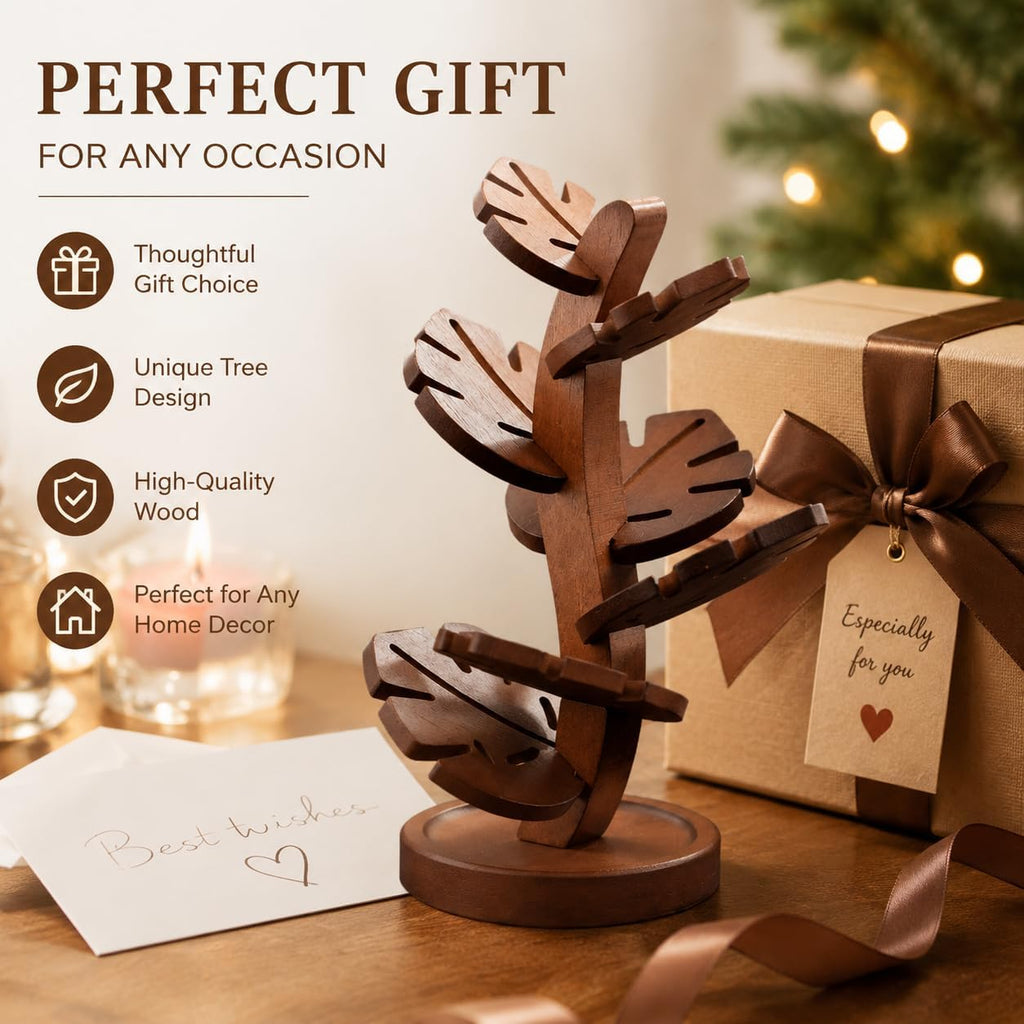 Tree Shape Wooden Trivet Set with Stand, Heat Resistant Coasters - Set of 7