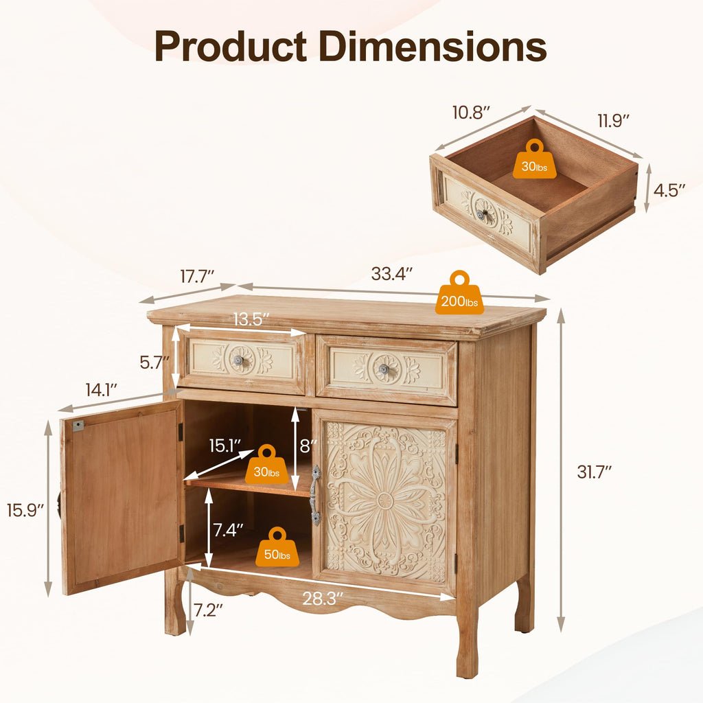 Sideboard Buffet Cabinet, Solid Wood Accent Cabinet with 2 Carved Doors and 2 Drawers, Vintage Credenza, Natural Oak