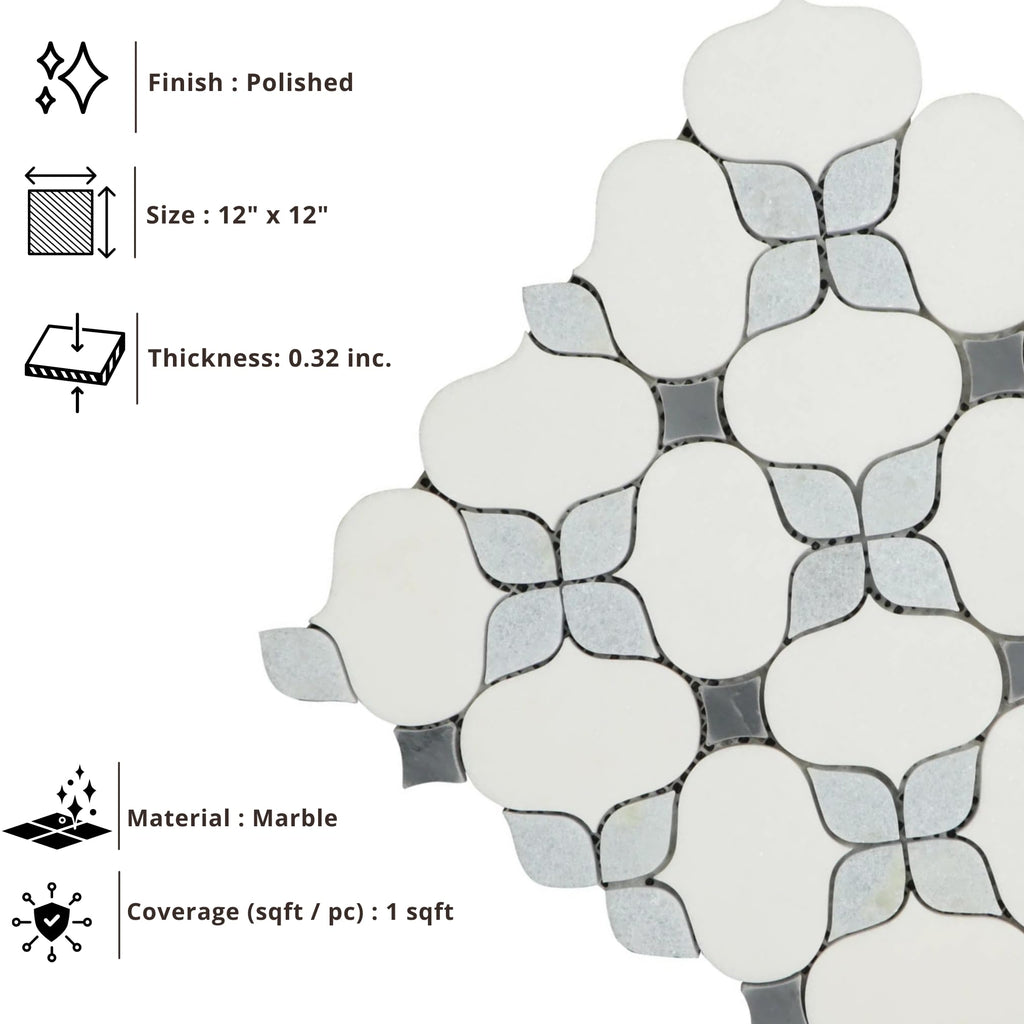 White Marble Arabesque Mosaic Tile with Blue Decorative Inlay 12x12 - Polished Natural Stone Wall & Floor Tile