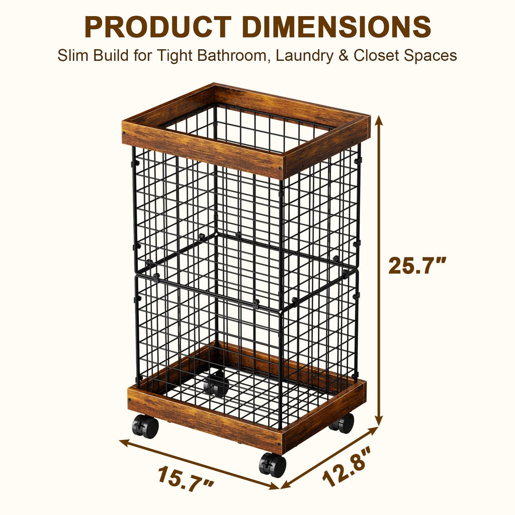 Basket with Wheels, Rolling Hamper Wooden Wire Laundry Bin