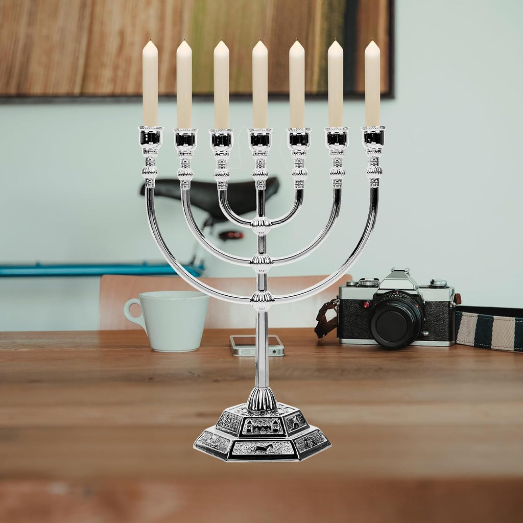 Traditional Jewish , 7 Branch Silver-Plated Candle Holder Altar, Judaica Decor from Holy Land Jerusalem, Table
