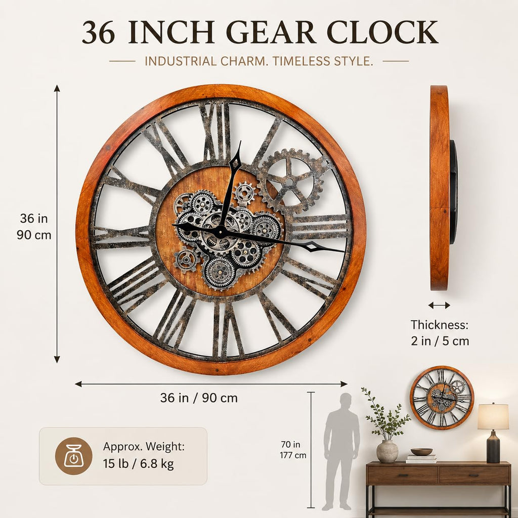 The B-Style 36" Large Moving Gear Wall Clock Oversized Vintage Farmhouse Wall Clocks Decor Rustic Industrial Wood