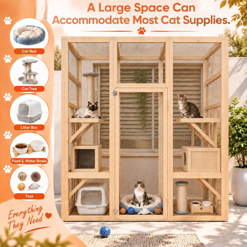 70" Large Catio Indoor Cat Enclosure, Wooden Patio Cat House, Natural