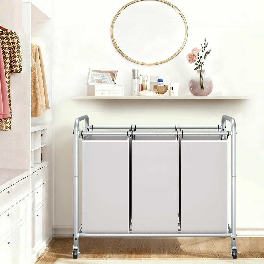 3 Section Laundry Sorter, Laundry Hamper with Wheels, Gray