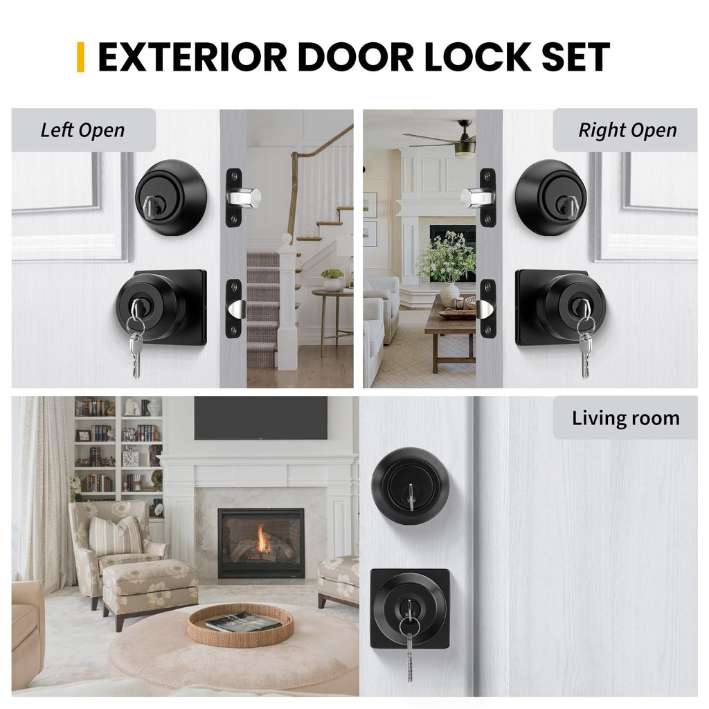 Exterior Deadbolt and Keyed Entry Door Knob Set, Key Entry Front Black Door Knob with Lock and Key (3 Pack)