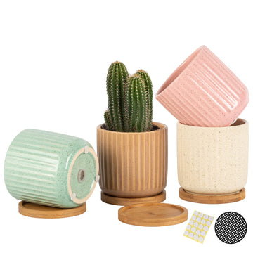 4 Inch Cylinder Ceramic Boho Plant Pots with Drainage Hole and Saucer, Glazed Vertical Pattern Multicolor Flower Pots