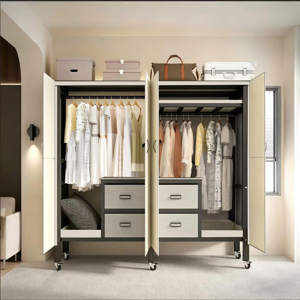 Heavy Duty Clothes Rack with Cover, Foldable Portable Wardrobe Closet with Drawers, Rolling Black Metal Garment Rack