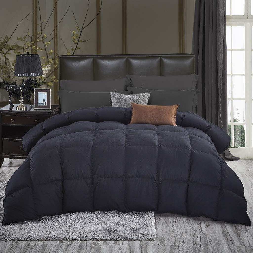 Luxurious All-Season Goose Down Comforter King Size Duvet Insert, Classic Black, Premium Baffle Box, 1200 Thread
