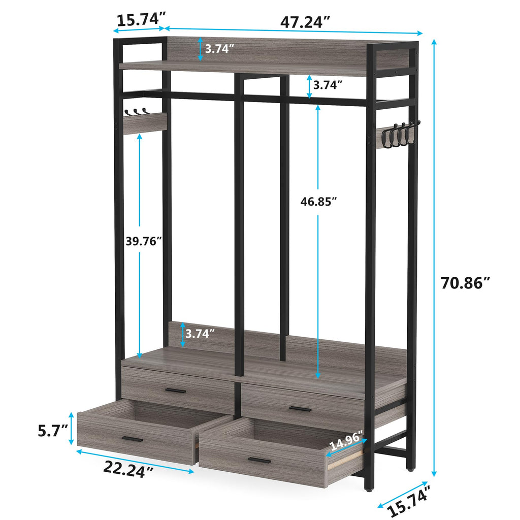 Freestanding Closet Organizer, Garment Rack with 4 Drawers, Gray