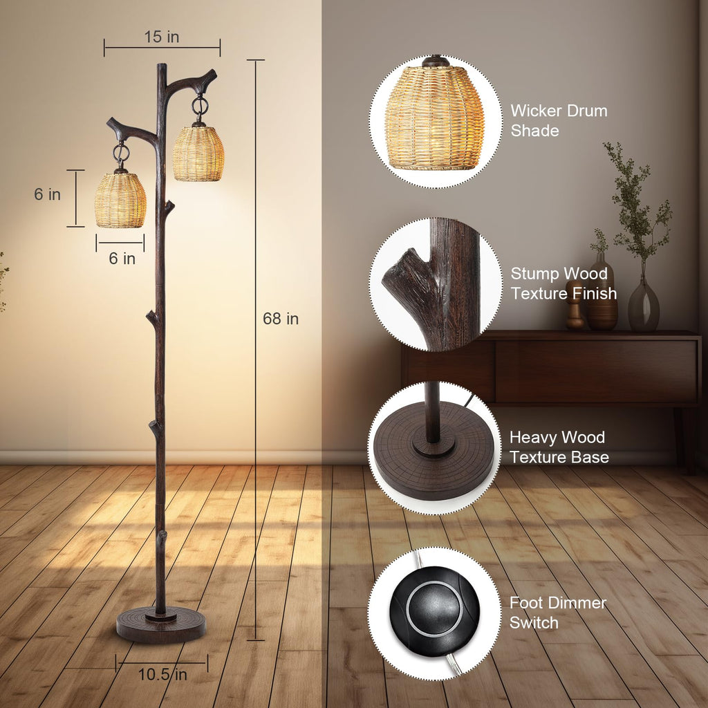 68" Tall Floor Lamp with Wicker Drum Shade, Foot Switch Dimming