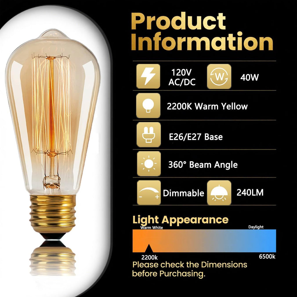 ST64 Incandescent Edison Bulb 40W E26 2200K Dimmable Amber Glass 2-Pack