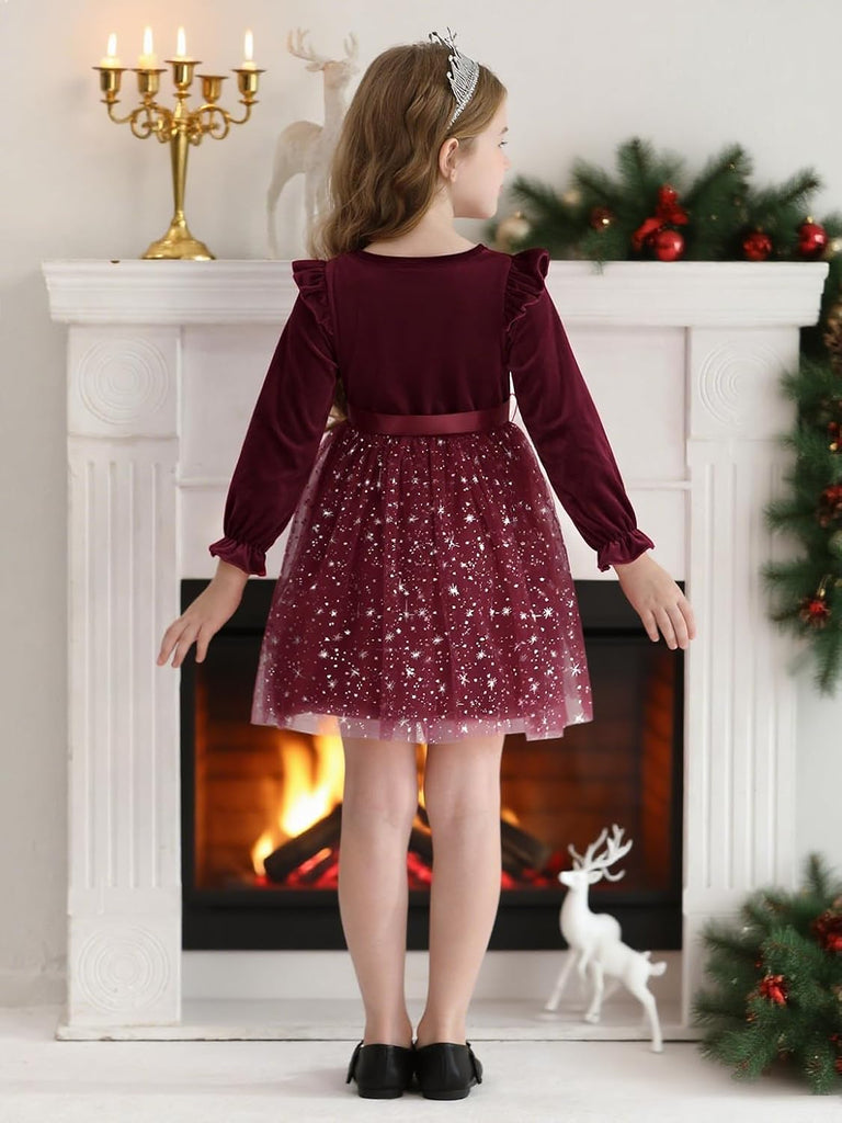 Toddler Girls Tutu Dresses Velvet Tulle Dress with Sequin Long Sleeve Holiday Party Fall Winter Dress