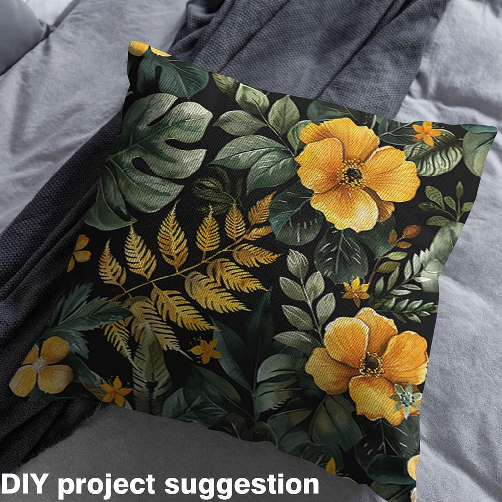 Tropical Floral Fabric by The Yard Watercolor Green Palm Leaf Yellow Flowers No Stretch Sewing Fabric Natural Jungle
