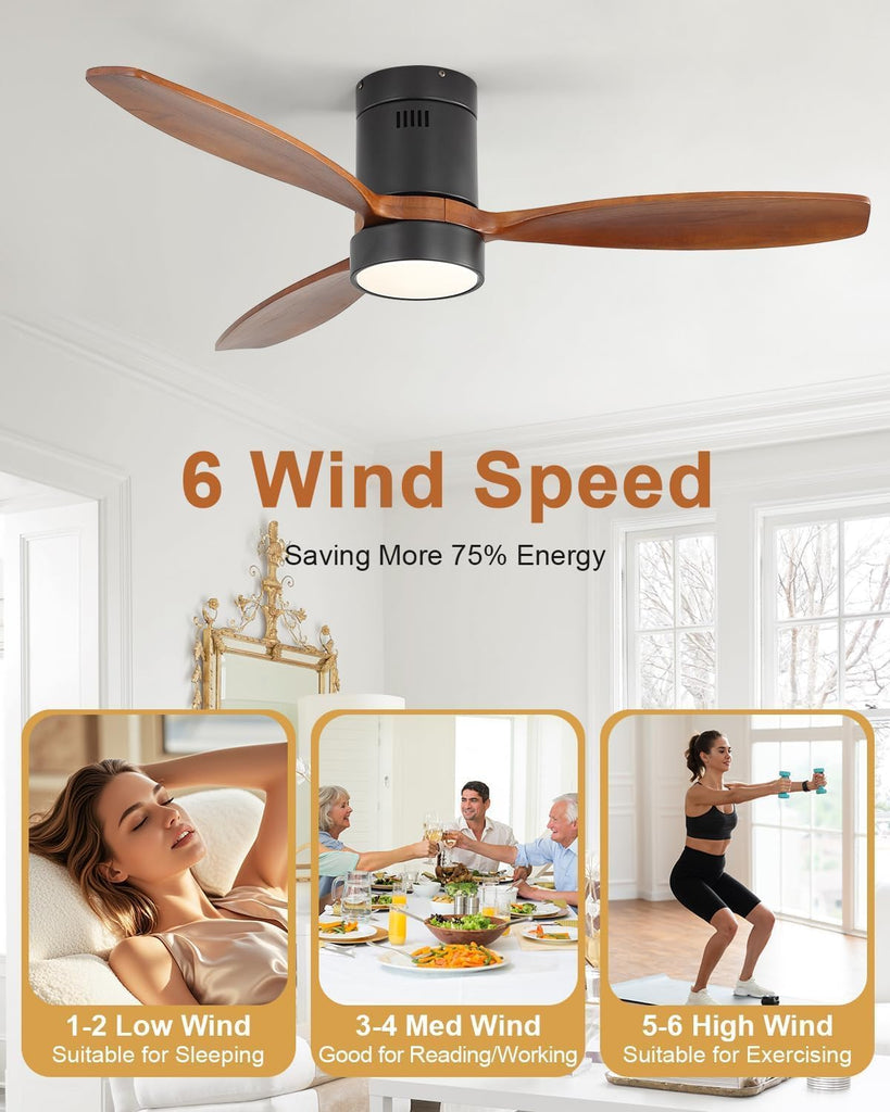 52 Inch Smart Ceiling Fans with Light-Modern Solid Wood Outdoor 3 Blades Ceiling Fan with Alexa/APP/Remote Control