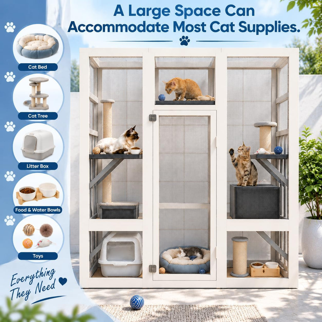 70" Large Catio Cat Enclosure, Wooden Patio Cat House, Gray