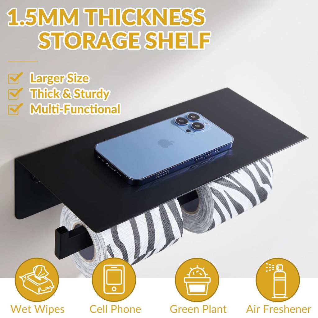 Matte Black Double Toilet Paper Holder with Shelf, Wall Mounted