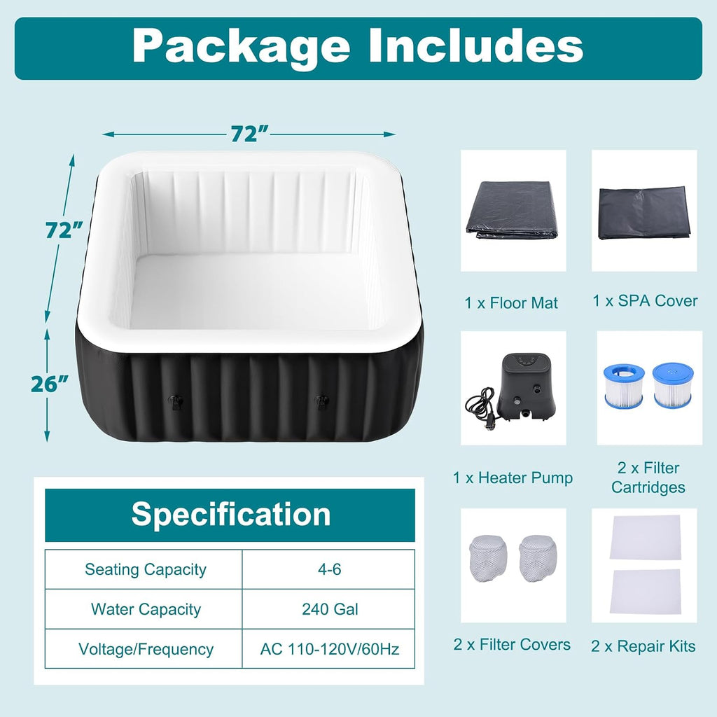 73" X 73" X 25" Inflatable Hot Tub, 4-6 Person Square PVC Spa | Blow Up Hot Tub Portable Outdoor Spa with 130 Bubble