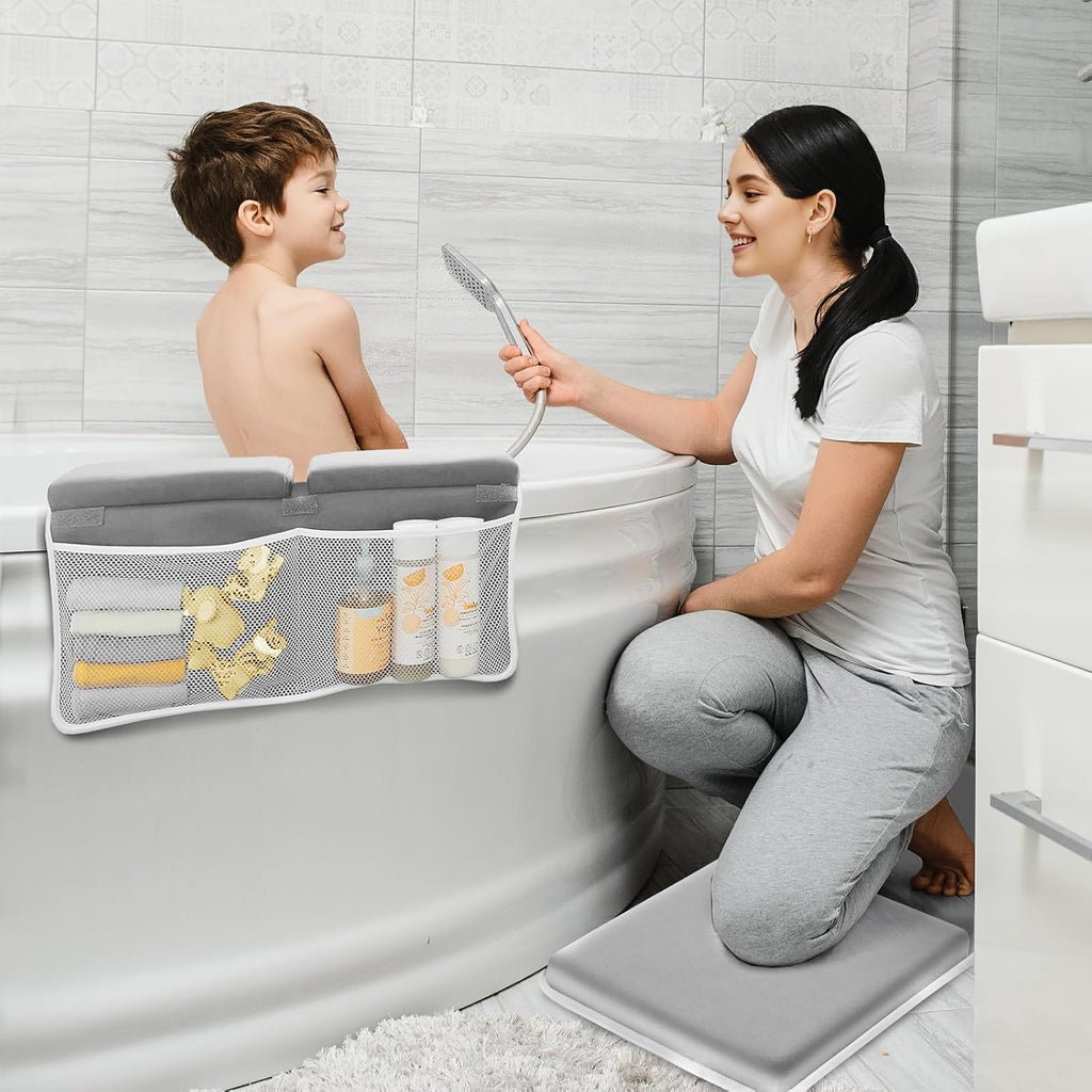 Comfortable Bath Kneeler and Elbow Kneeling Rest Pad for Baby Bathing Parents - Painless Foam Mat with Toy Organizer