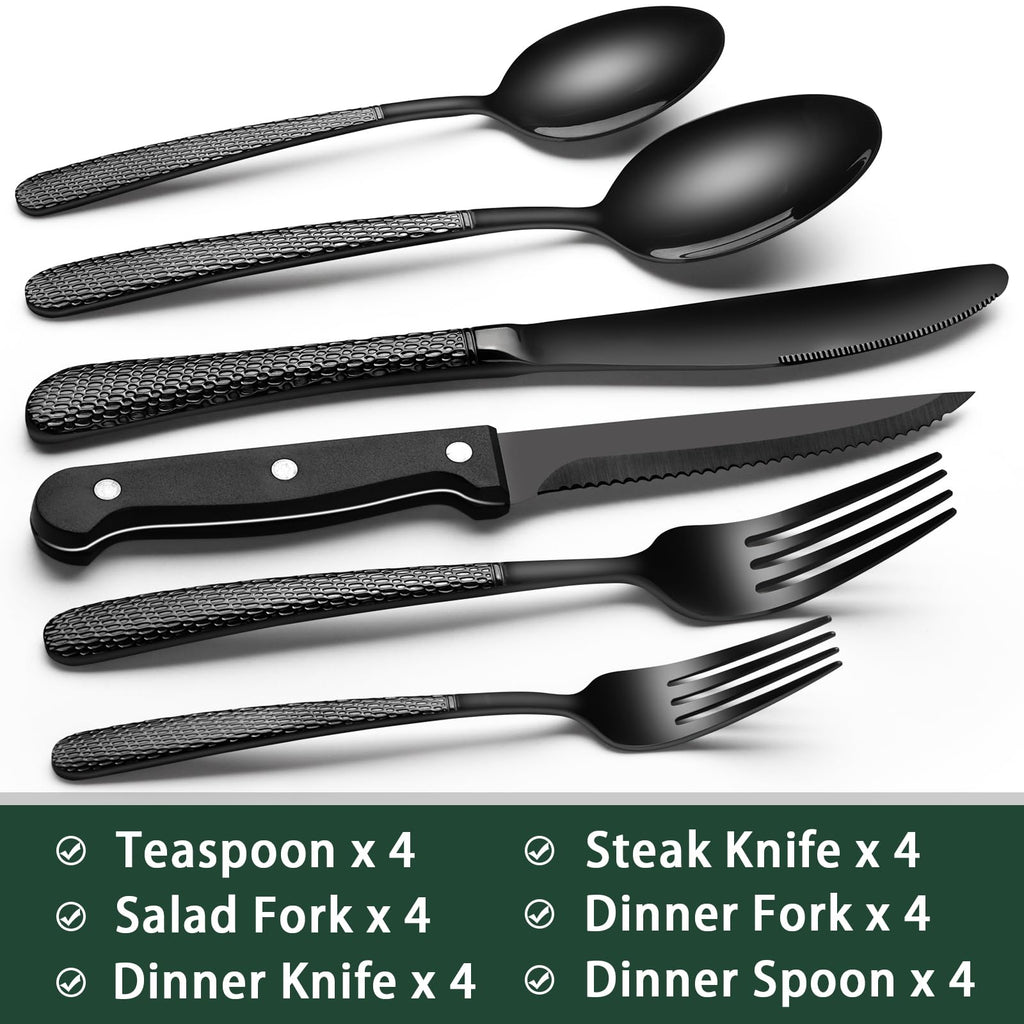 24-Piece Black Silverware Set with Steak Knives, Black Flatware Set for 4, Food-Grade Stainless Steel Tableware