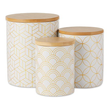 Kitchen Ceramics Collection, Canister Set, Mixed Print, White/Gold, 3 Piece