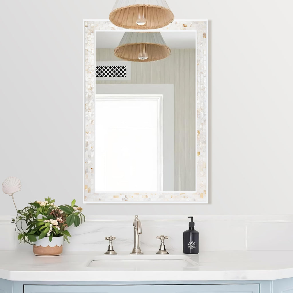 White Bathroom Mirror 24 x 36 Inch, Natural Shell Mosaic Wall Decor