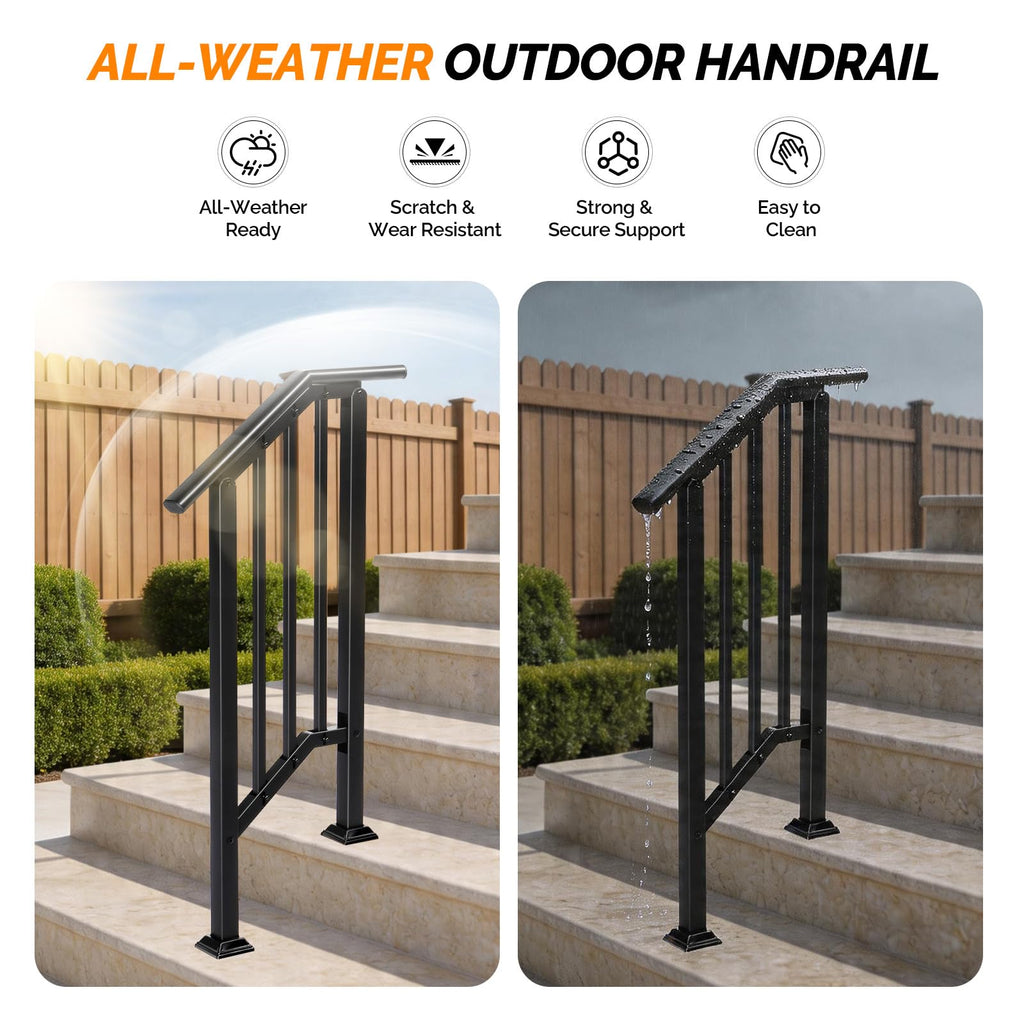 2 Pack 2 Step Handrails for Outdoor Steps, Wrought Iron Stair Railing Fits 1 or 2 Steps, Metal Hand Railing with