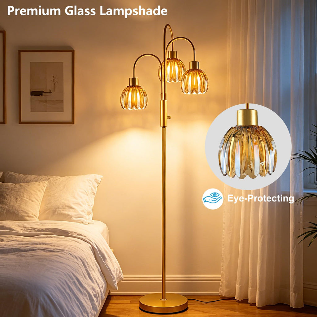Amber Lotus Glass Floor Lamp 3-Light 70" Gold Dimmable Tall Standing Lamp