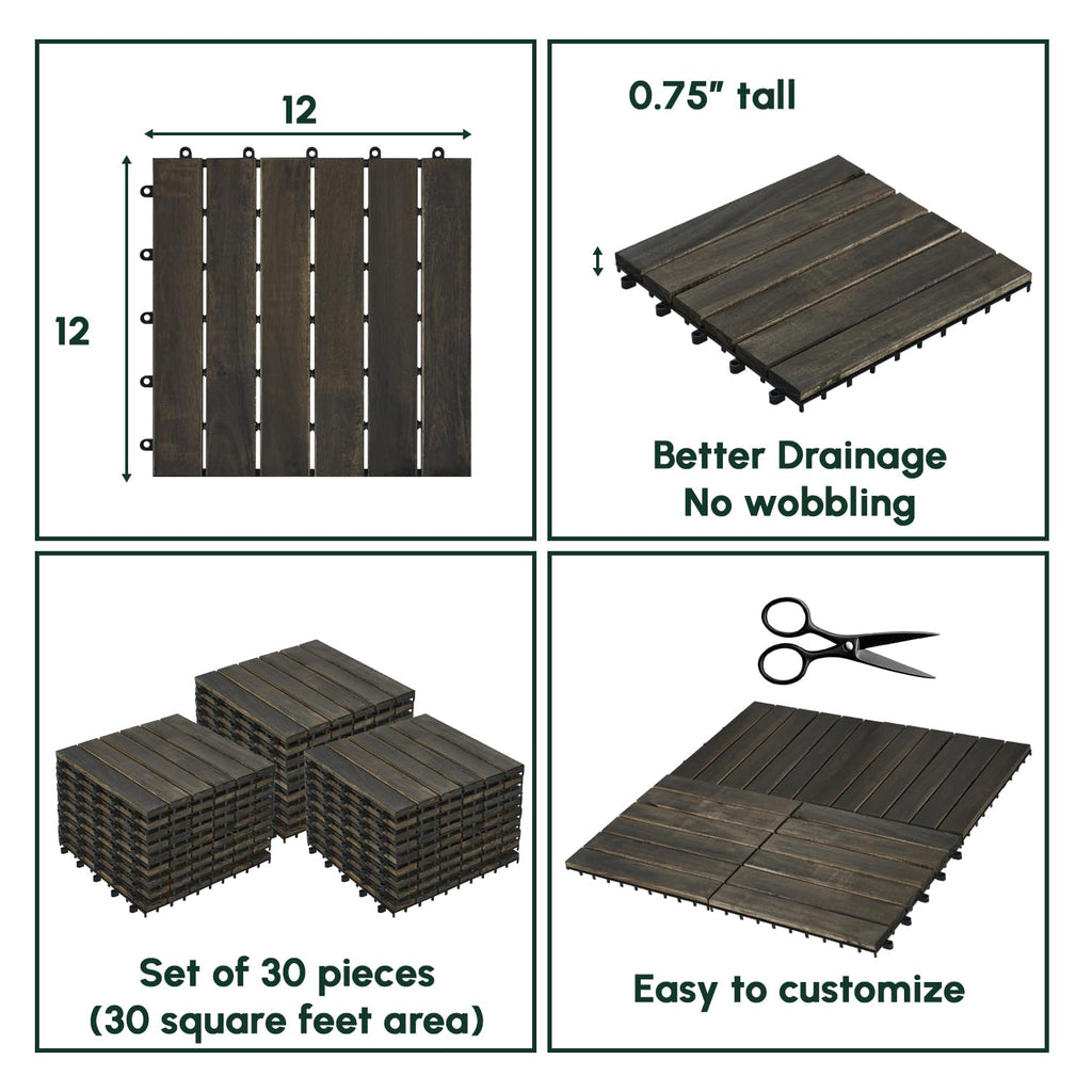 Acacia Interlocking Deck Tiles (12x12 Pack 30) - Waterproof Acacia Wood Decking for All Weather Use - Patio, Balcony