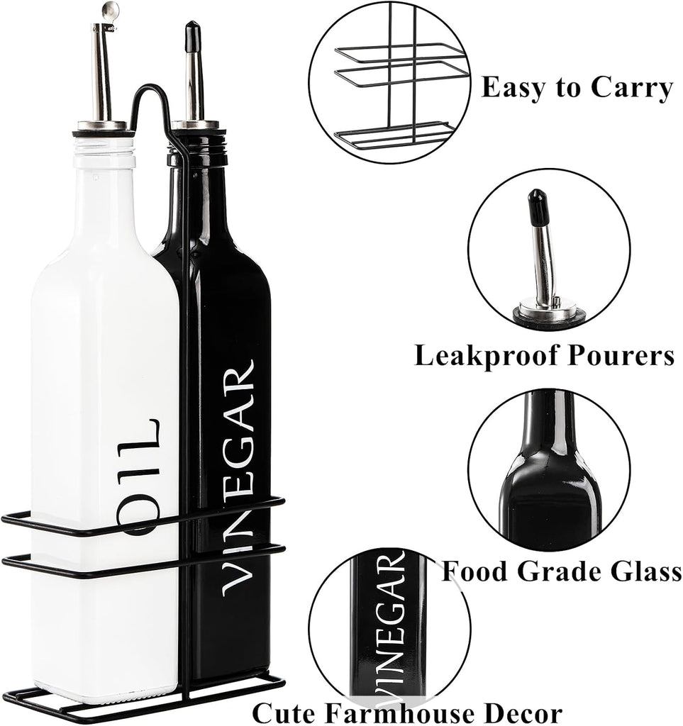 Oil and Vinegar Dispenser Set with Caddy Holder, 17oz Black & White Olive Oil Dispenser Bottle, Cute Modern - Set of 2
