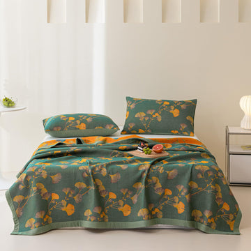 100% Cotton Jacquard Quilt Floral Ginkgo Leaves Print, Soft Muslin Bed Cover 3 Layers Reversible Bedspread Coverlet