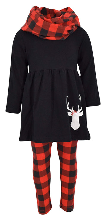 Girls 3 Piece Kids Toddler Christmas Plaid Reindeer Legging Set Outfit Long Sleeve Stretch Tunic Top Leggings and