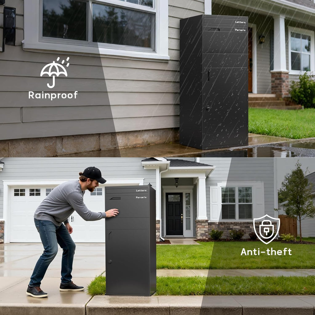 Package Delivery Box, Pre-Assembled No-Install Parcel Drop Box, Weatherproof Anti-Theft Steel Design (Forged Iron Black)