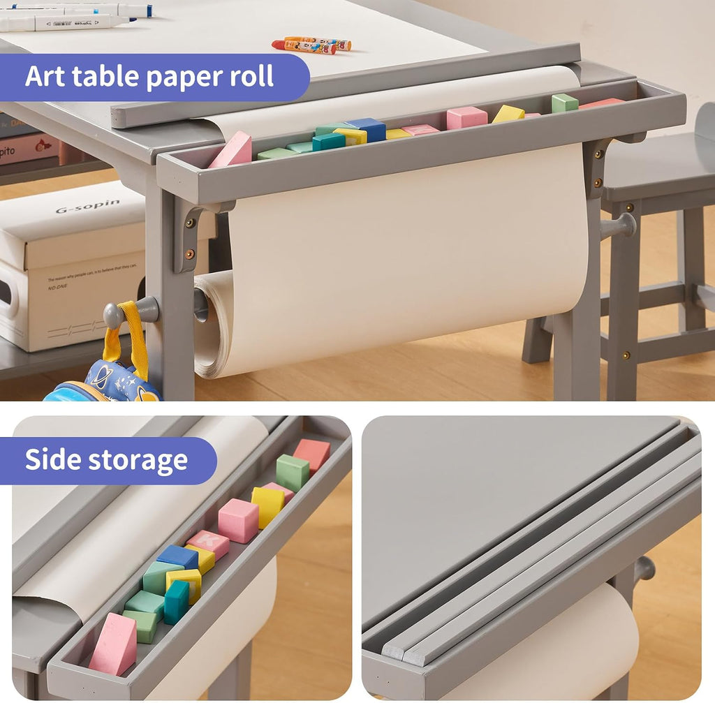 Kids Art Table and Chair Set with Paper Roll Holder, Toddler Craft Table with Storage Shelves, Side Supply Tray