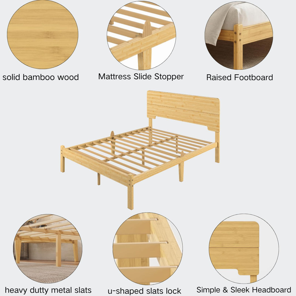 18" Solid Bamboo Wood King Size Bed Frame with Headboard, Natural