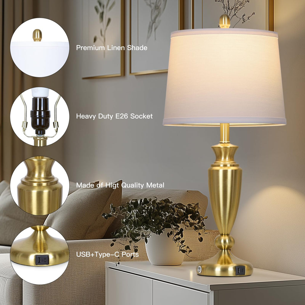 27" Gold Table Lamp Single, Touch Control Modern Bedroom Lamp with USB A+C Ports, 3-Way Metal Bedside Lamp, Elegant