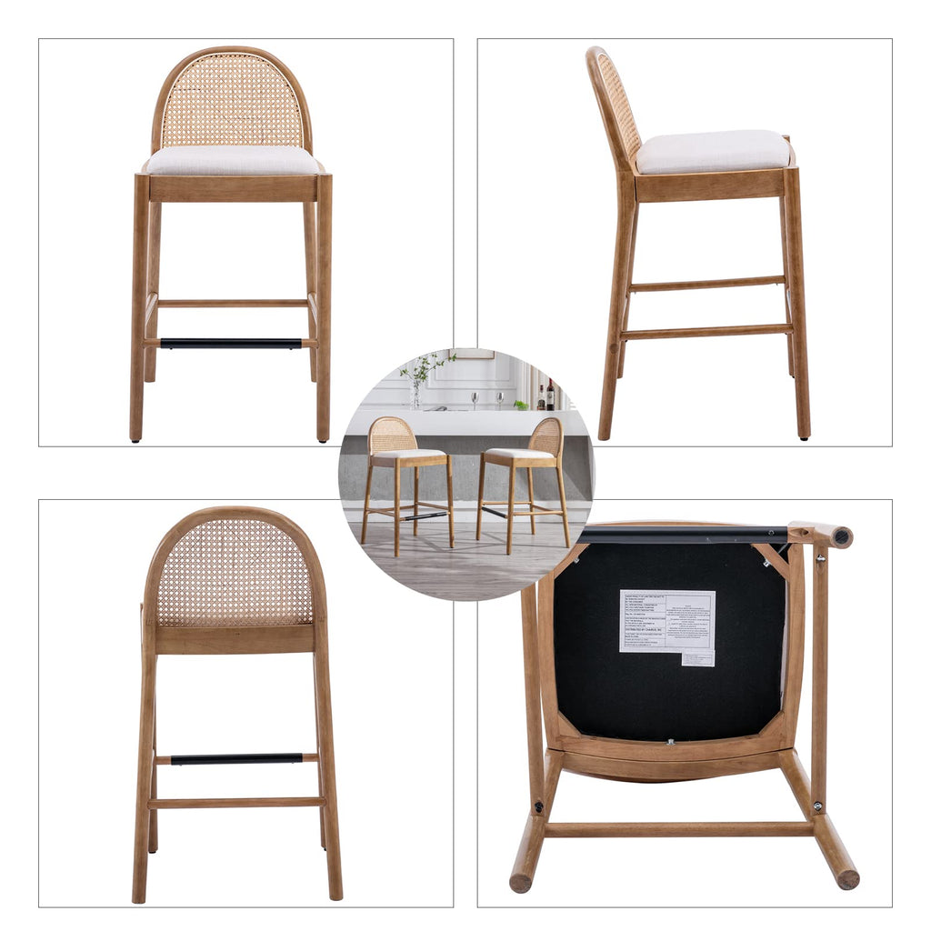 Modern Bar Stools Set of 2, 29 Inches Bar Height Barstools with Rattan Back, Linen Upholstered Kitchen Island Chair