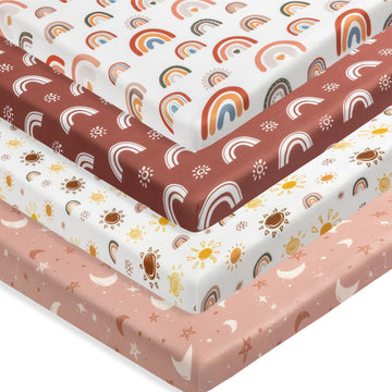 4 Pack N Play Sheets - Mini Crib Sheets Boho Nursery Sheets, Sunshine & Rainbow Design - Neutral Unisex Fitted Baby