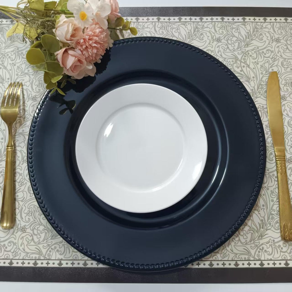 6 Pcs Elegant Plastic Beaded Charger Plates - Round Black Wedding Party Dinner Decorative Plate Set, Durable for